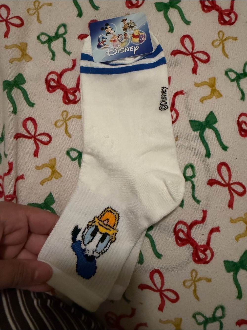 Disney Women’s White Donald Duck Ankle Socks with Blue Stripe